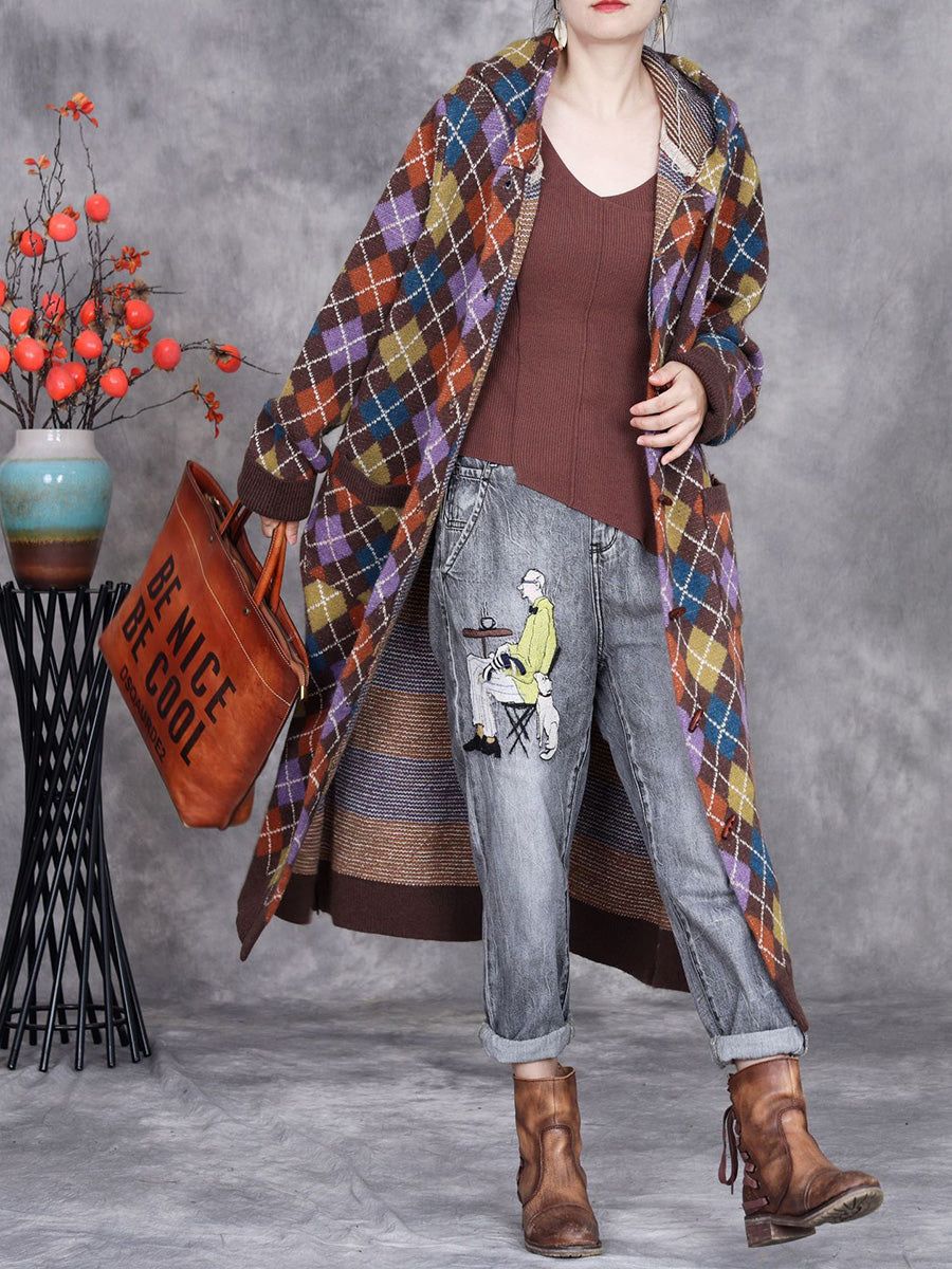 Women Winter Rhomboid Wool Knitted Hooded Coat AI1001 ZSLS