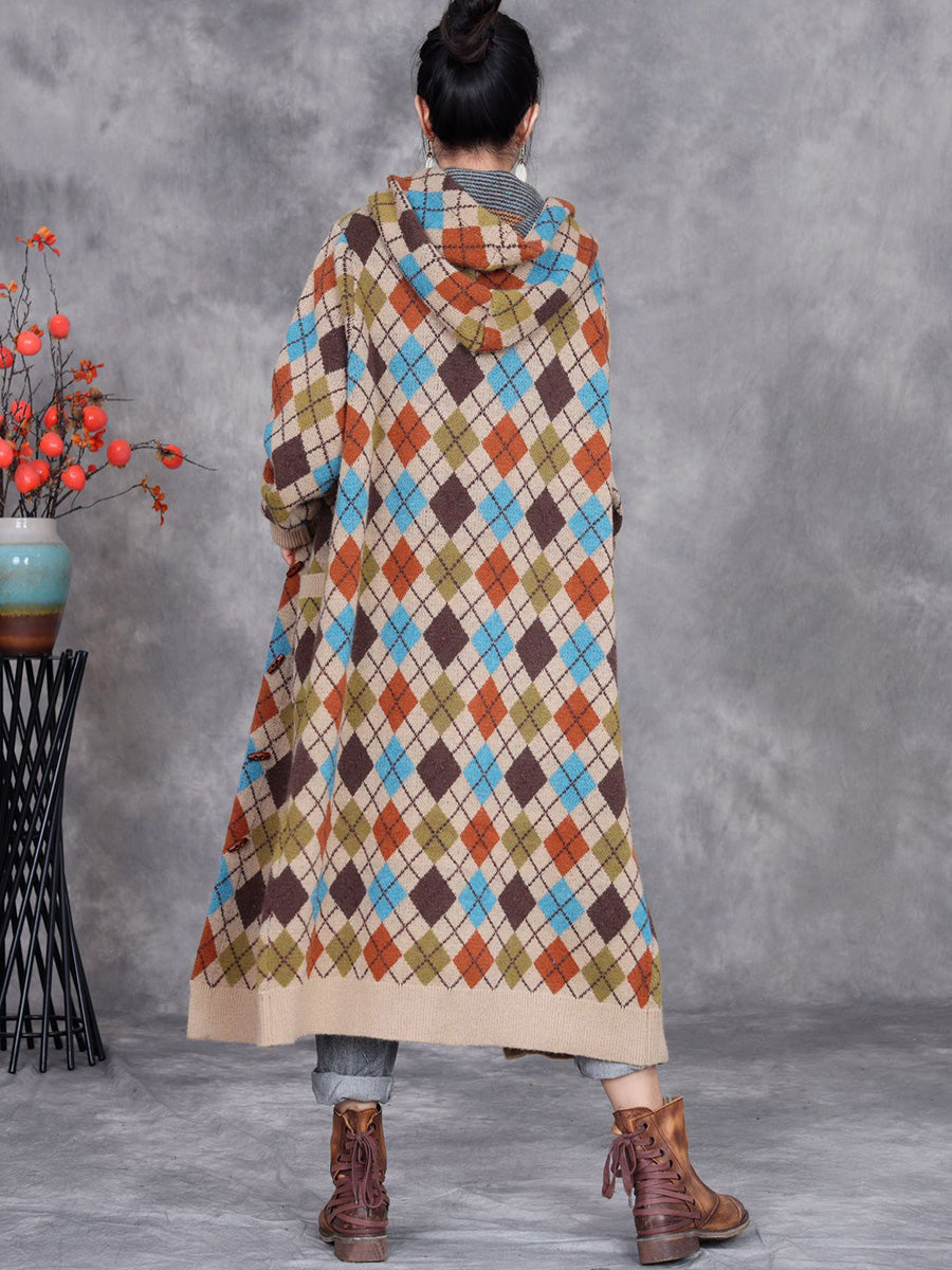 Women Winter Rhomboid Wool Knitted Hooded Coat AI1001 ZSLS