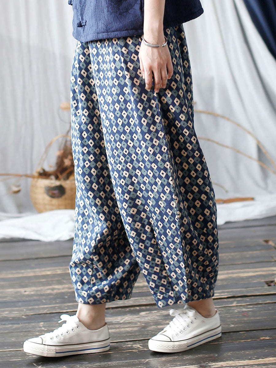 Women Autumn Artsy Lattice Cotton Harem Pants AH1035 BUYKUD