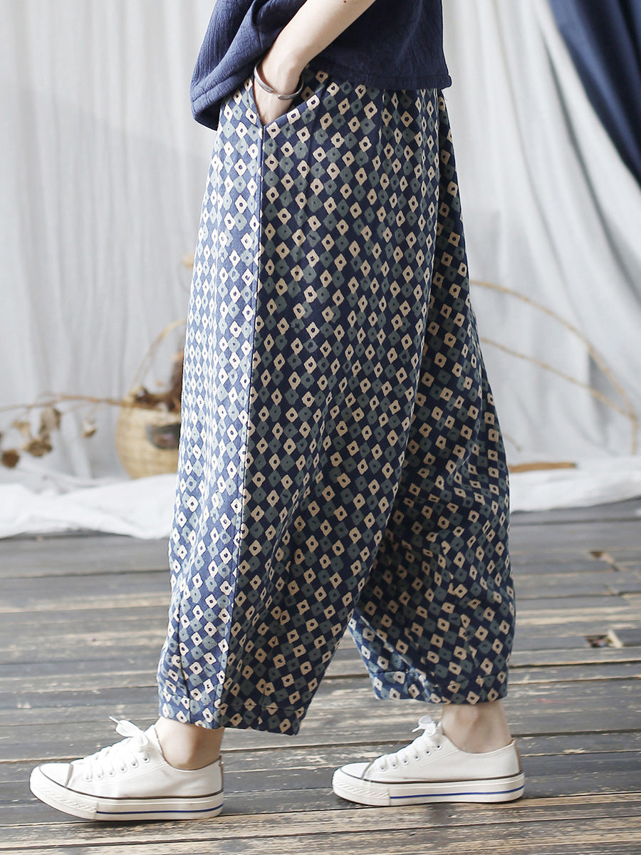Women Autumn Artsy Lattice Cotton Harem Pants AH1035 BUYKUD