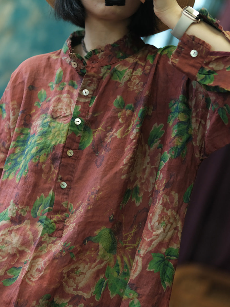 Women Vintage Floral Stand Collar Button Ramie Dress AH1018 BUYKUD