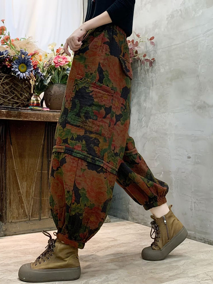 Women Autumn Vintage Flower Spliced Cotton Harem Pants AH1004 BK