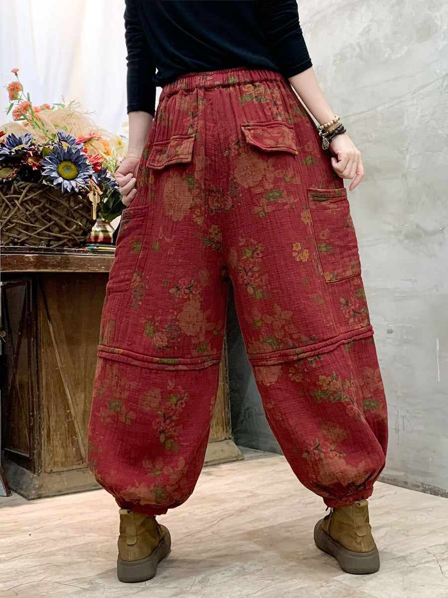 Women Autumn Vintage Flower Spliced Cotton Harem Pants AH1004 BK