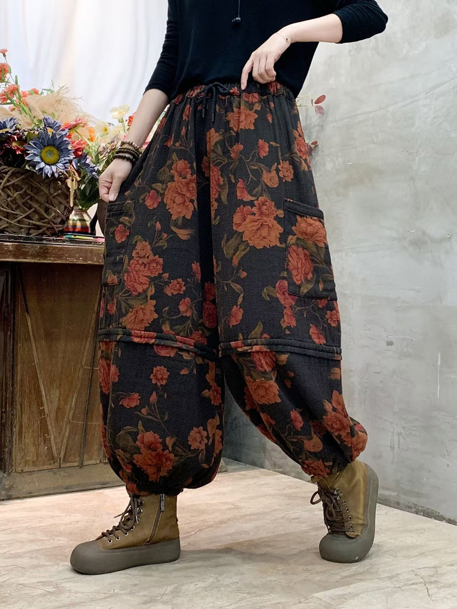 Women Autumn Vintage Flower Spliced Cotton Harem Pants AH1004 BK