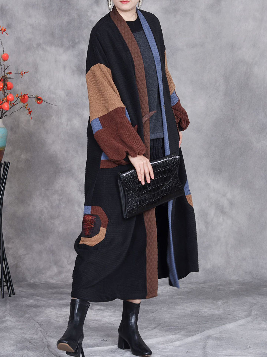 Women Winter Artsy Colorblock Cardigan Long Coat AH1020 BK