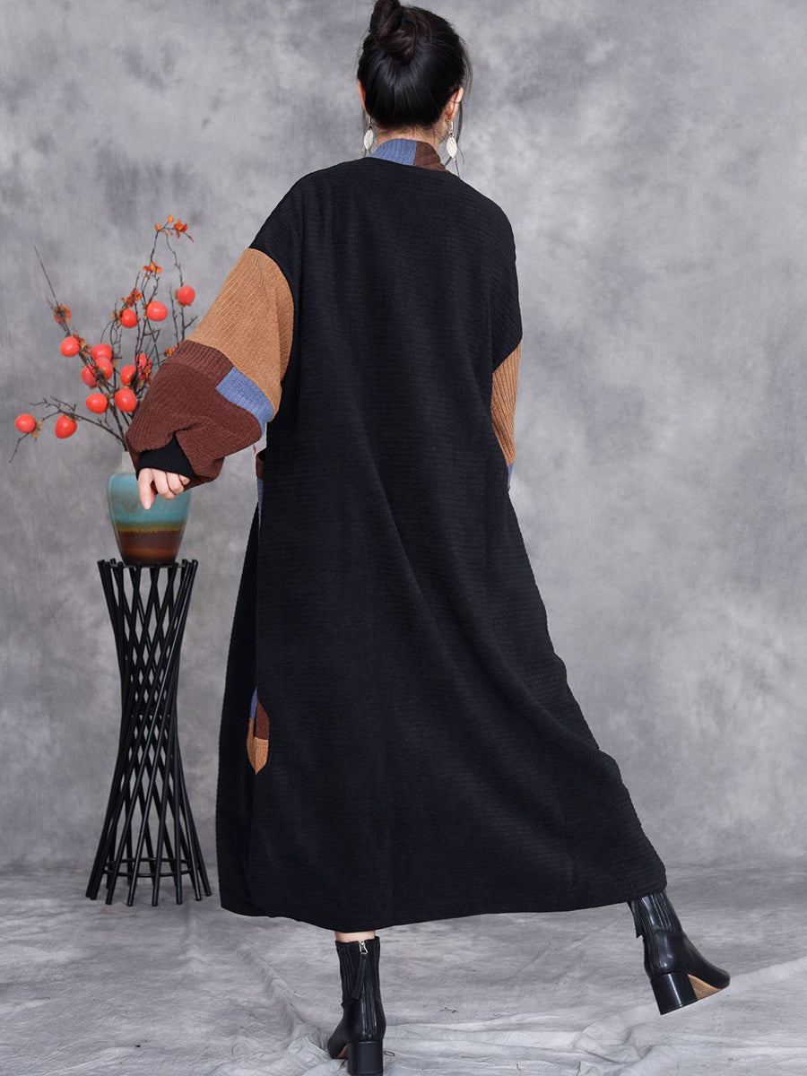 Women Winter Artsy Colorblock Cardigan Long Coat AH1020 BK