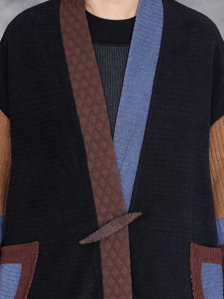 Women Winter Artsy Colorblock Cardigan Long Coat AH1020 BK