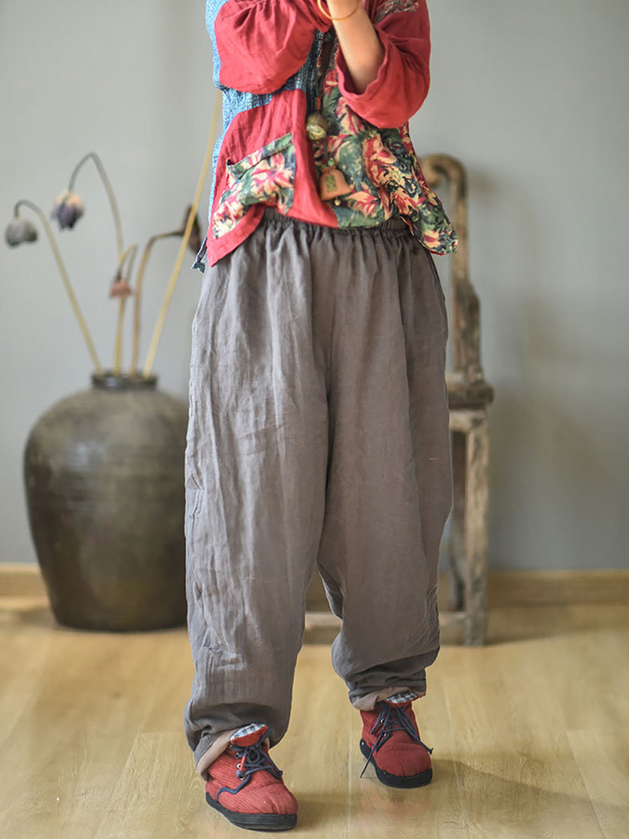 Women Autumn Rero Solid Linen Padded Harem Pants AH1053 BUYKUD
