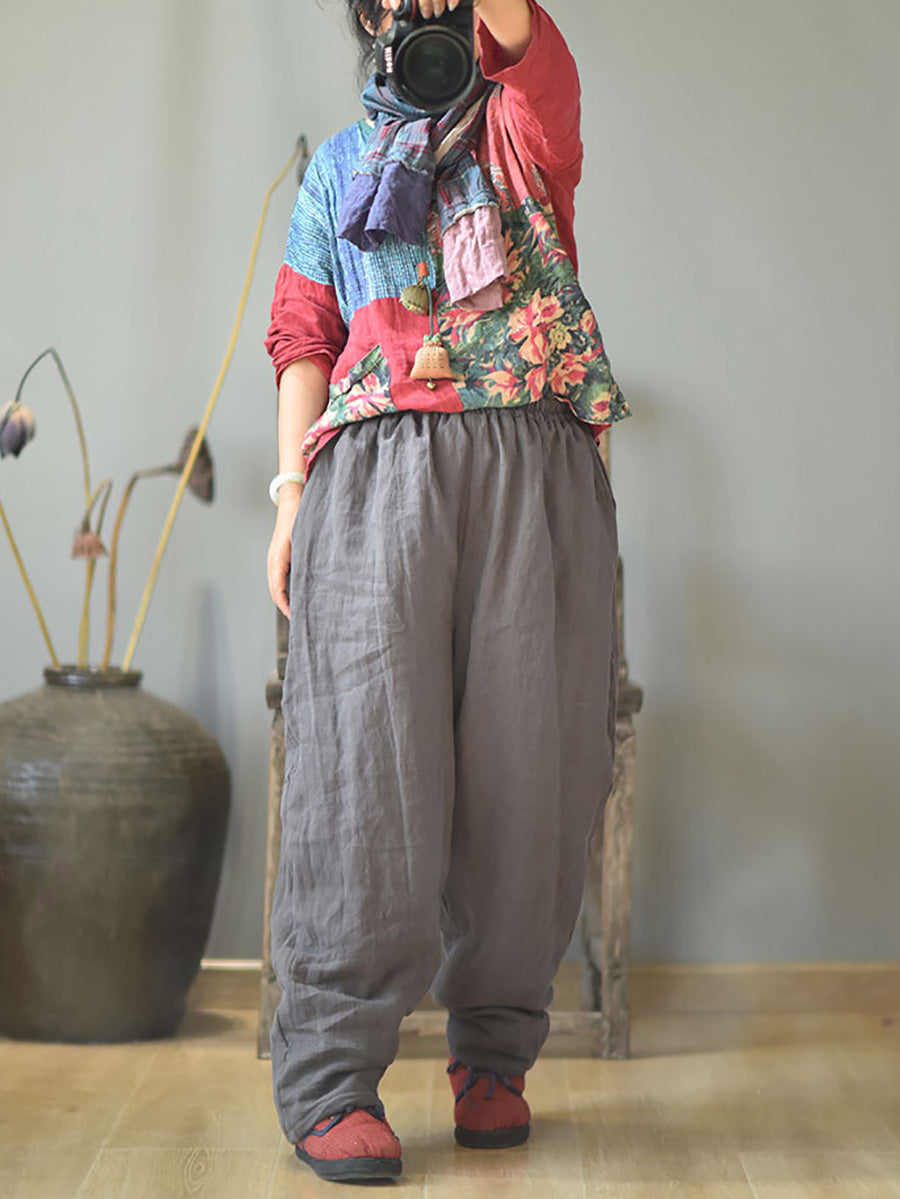 Women Autumn Rero Solid Linen Padded Harem Pants AH1053 BUYKUD
