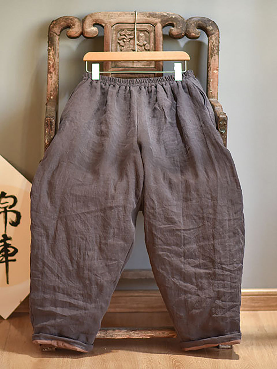 Women Autumn Rero Solid Linen Padded Harem Pants AH1053 BUYKUD