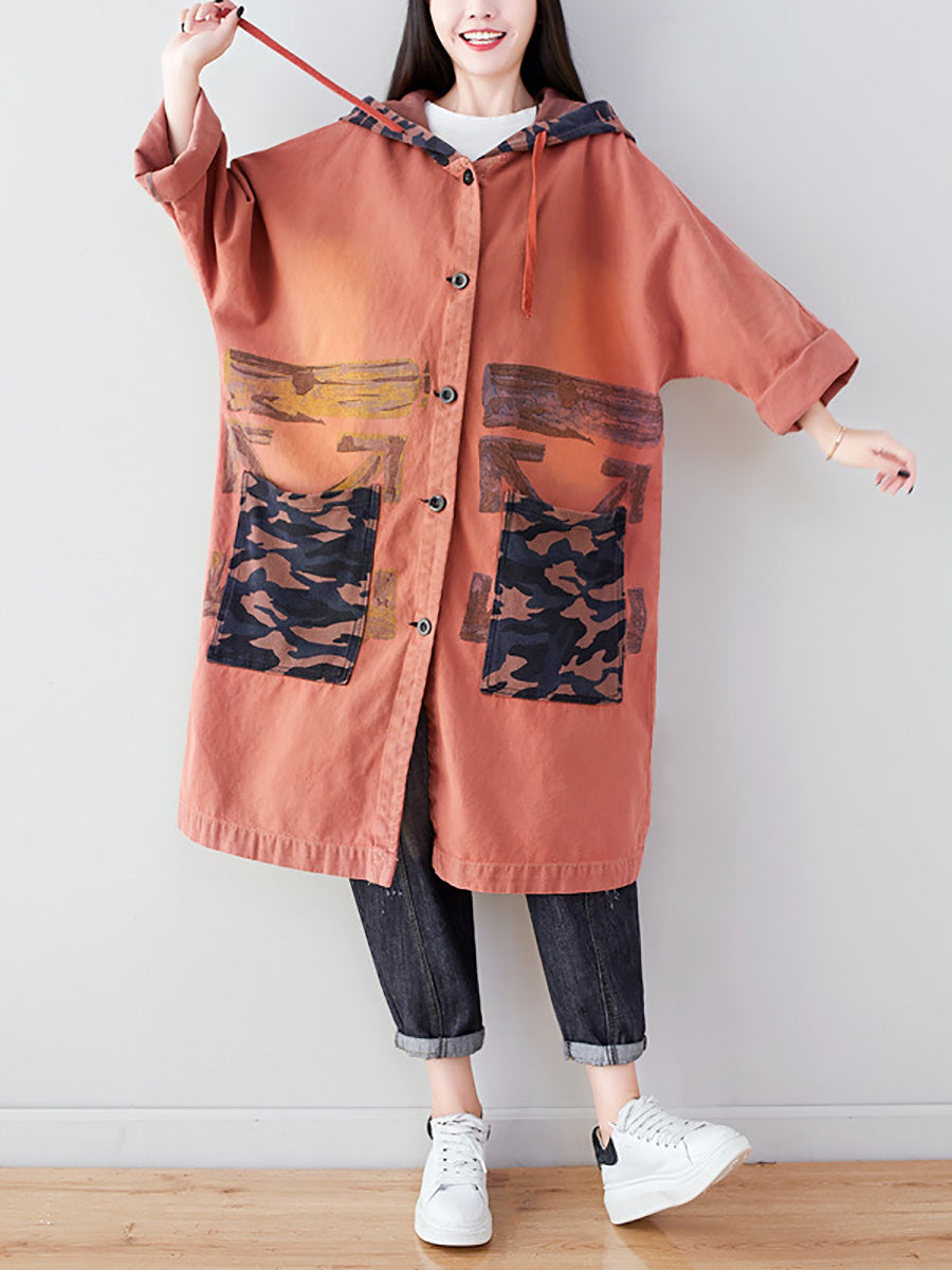 Women Autumn Artsy Colorblock Cotton Hooded Coat AH1030 YTLSFZ