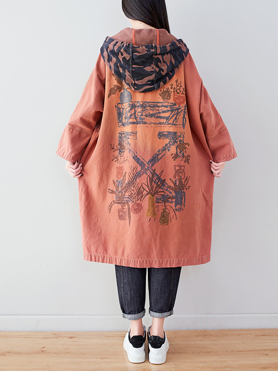 Women Autumn Artsy Colorblock Cotton Hooded Coat AH1030 YTLSFZ