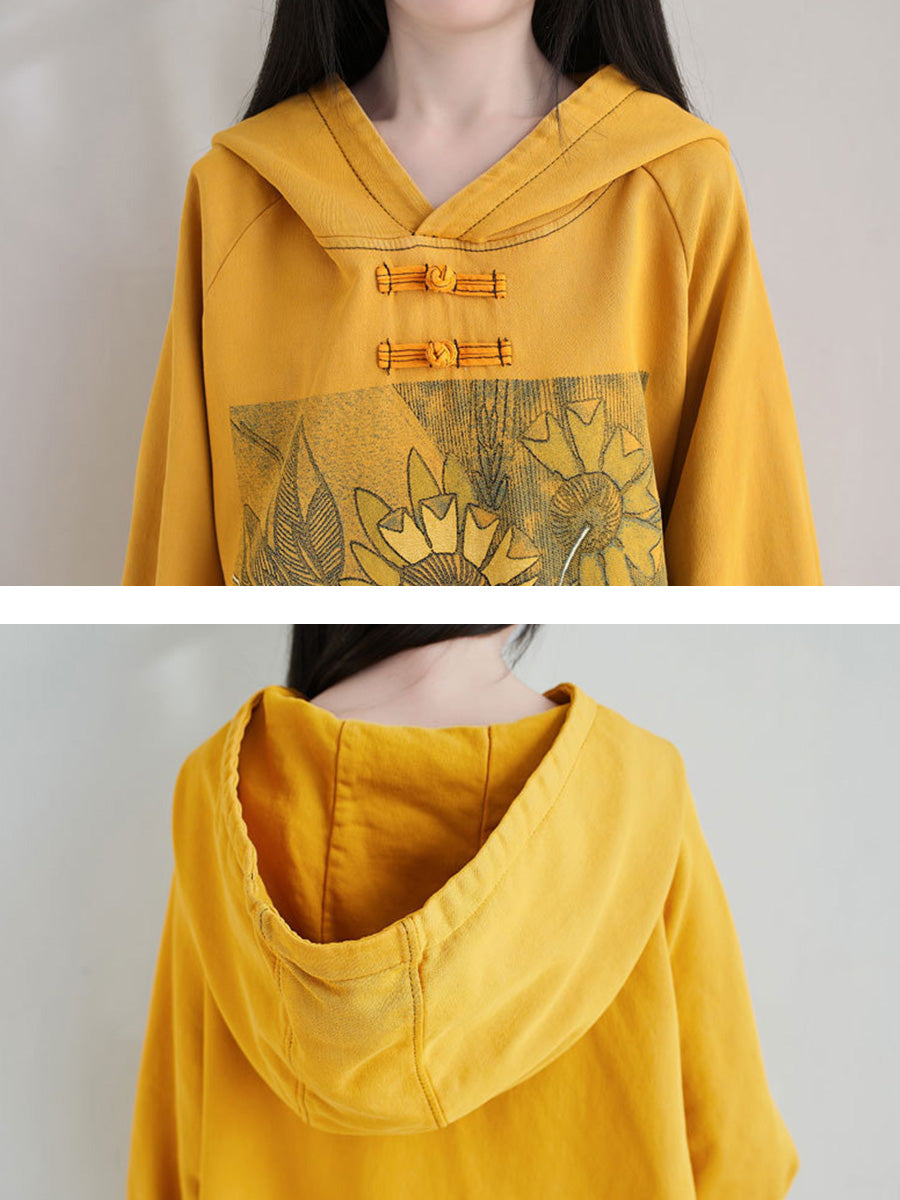 Women Artsy Autumn Sunflower Spliced Hooded Cotton Dress AH1028 BK
