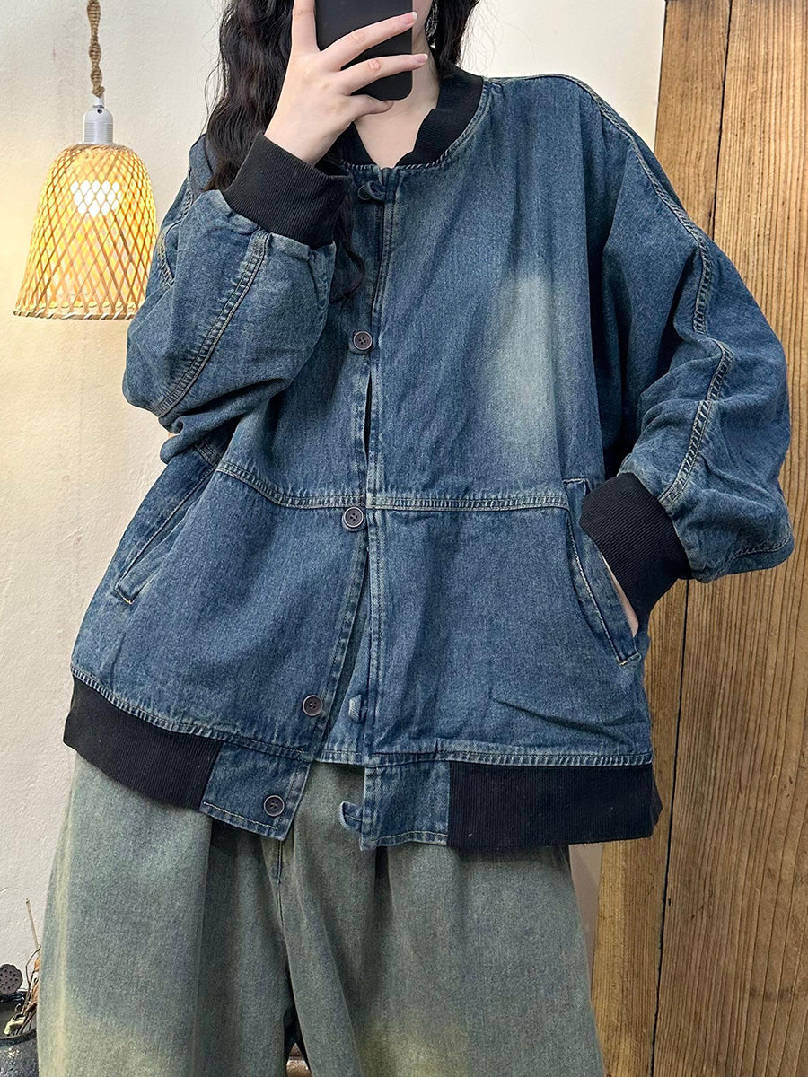 Women Autumn Casual Colorblock Denim Coat AH1039 BUYKUD