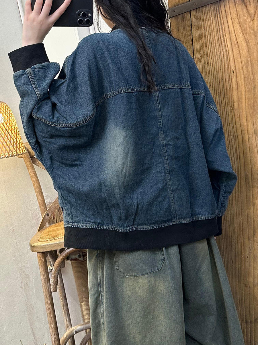 Women Autumn Casual Colorblock Denim Coat AH1039 BUYKUD