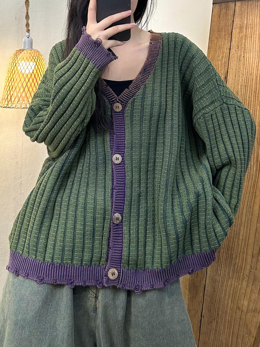 Women Artsy Autumn Colorblock Knit Cardigan Sweater Coat AH1026 HLCP