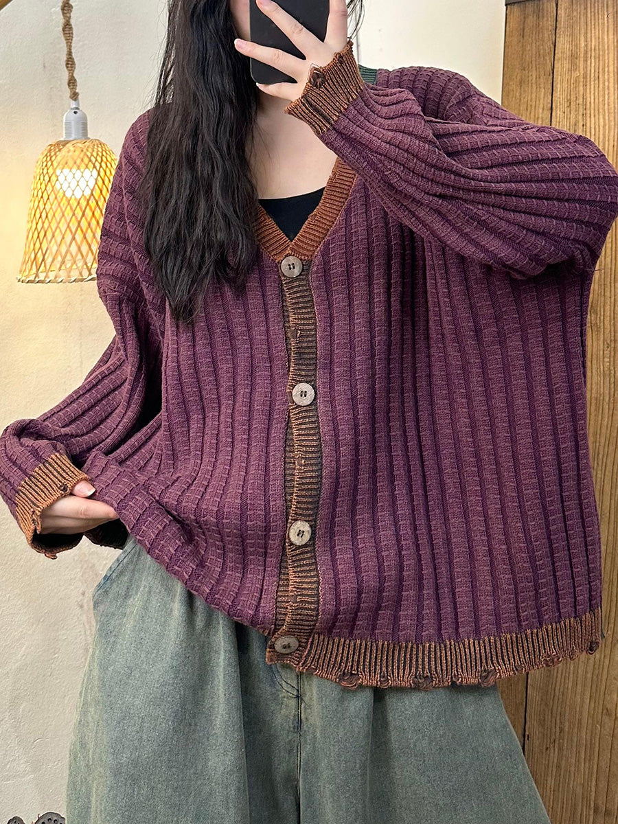 Women Artsy Autumn Colorblock Knit Cardigan Sweater Coat AH1026 HLCP