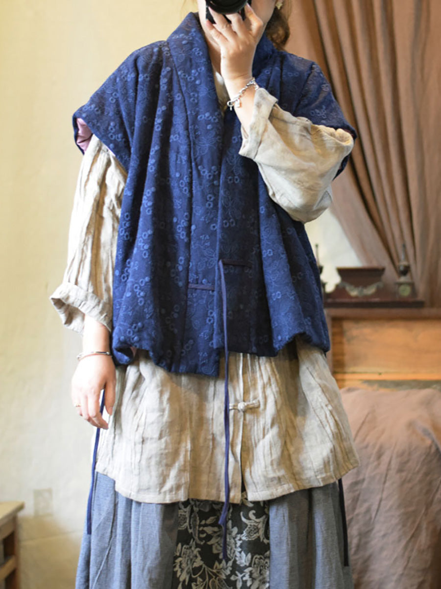 Women Ethnic Flowe Embroidery V-Neck Linen Padded Vest Coat AX1006 Genistyle Shop