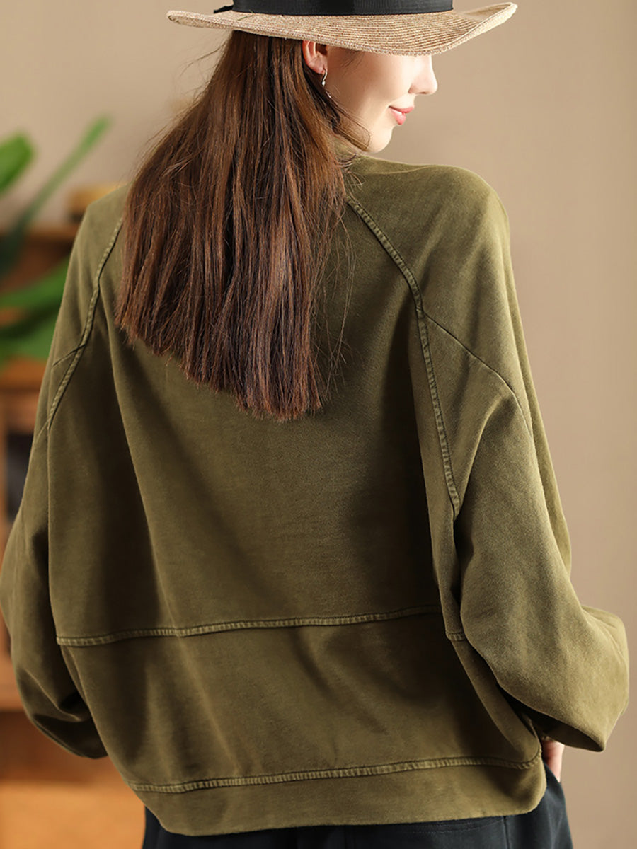 Women Retro Pure Color Stand Collar Pocket Cotton Coat AX1008 Genistyle Shop