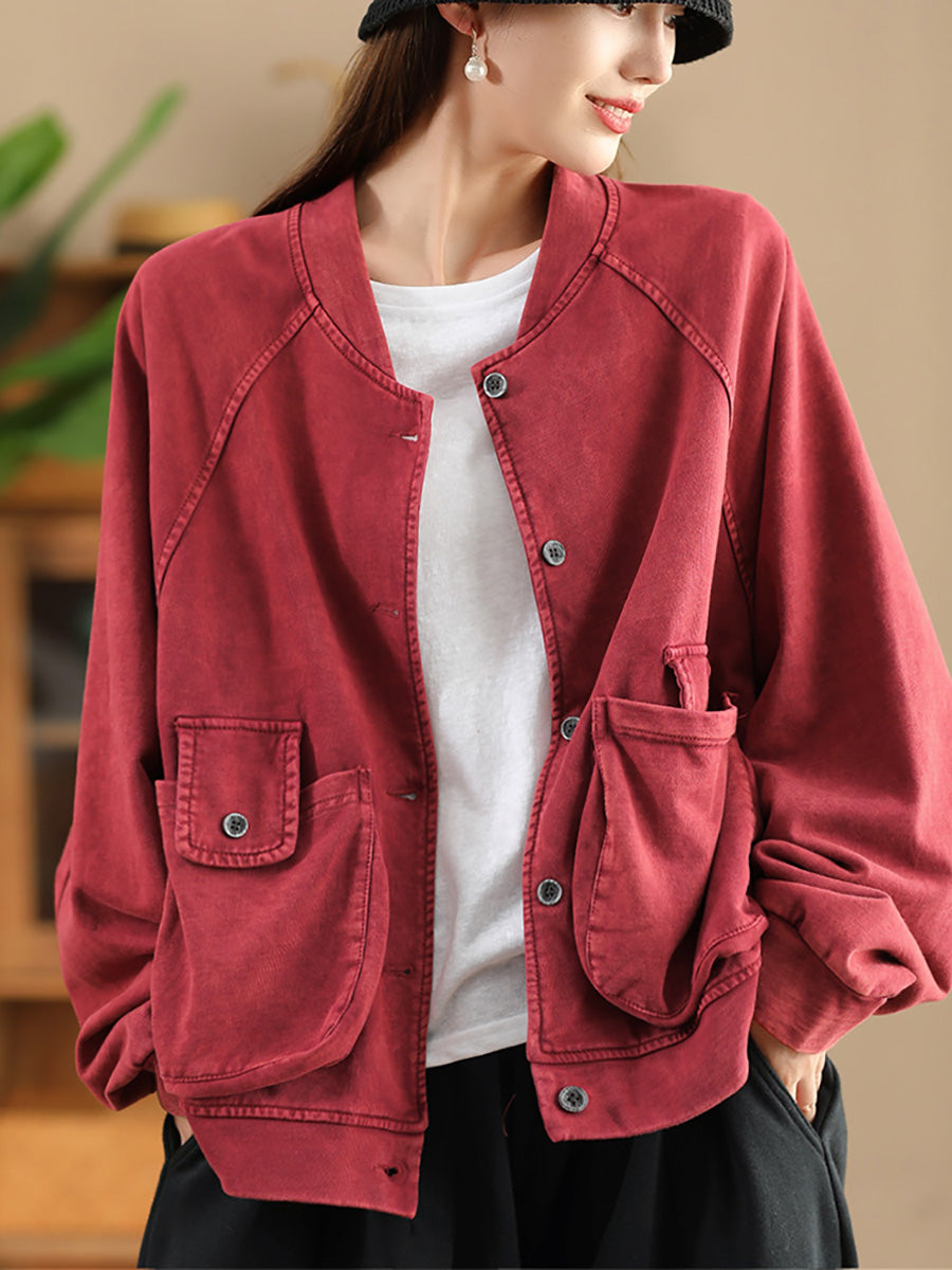 Women Retro Pure Color Stand Collar Pocket Cotton Coat AX1008 Genistyle Shop