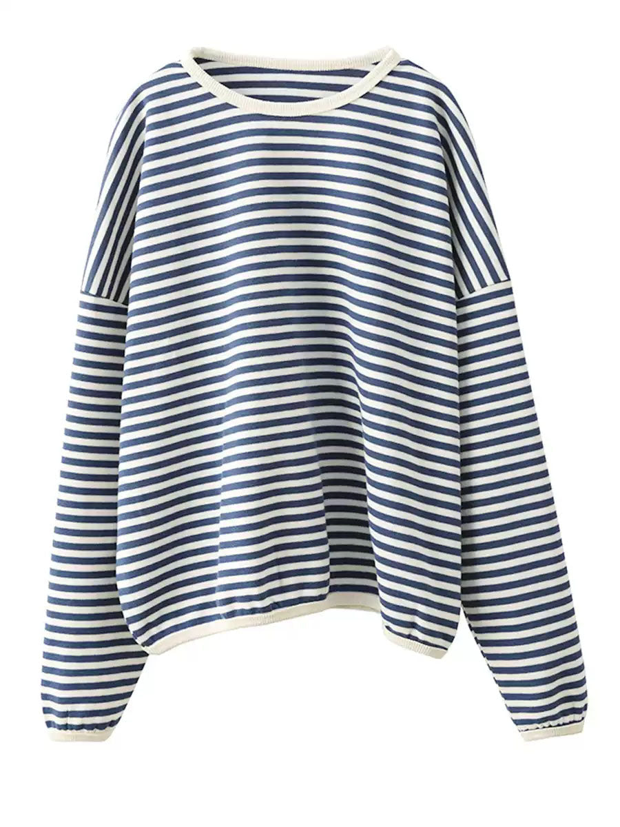 Women Casual Autumn Stripe O-Neck Cotton Blouse AX1035 Genistyle Shop