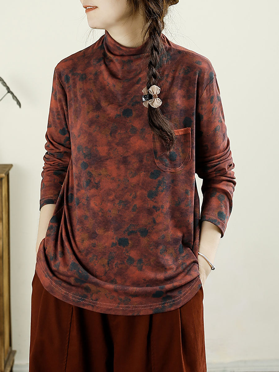 Women Autumn Artsy Floral Turtleneck Pocket Cotton Blouse AX1043 Genistyle Shop