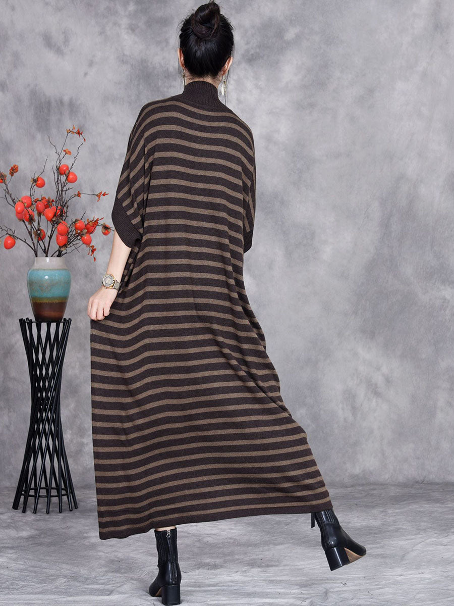 Women Autumn Stripe Short Sleeve Half Turtleneck Knit Dress AV1012 Genistyle Shop
