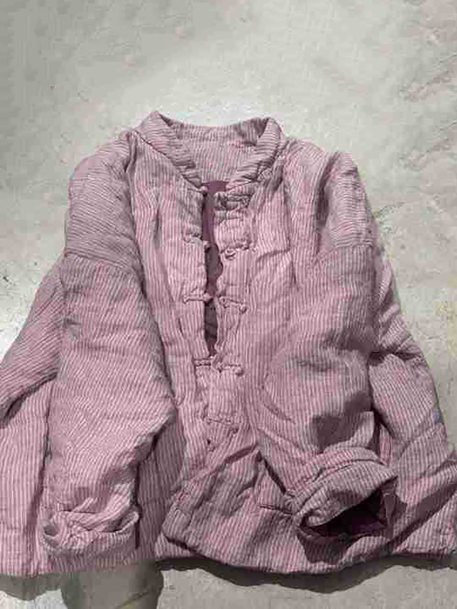 Women Ethnic Autumn Stripe Cotton Stand Collar Coat AV1062 Genistyle Shop