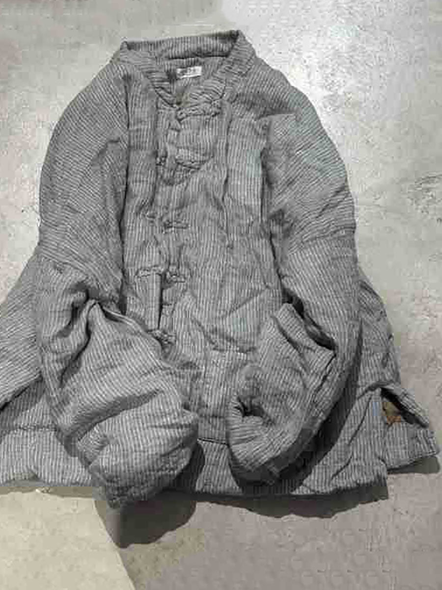 Women Ethnic Autumn Stripe Cotton Stand Collar Coat AV1062 Genistyle Shop