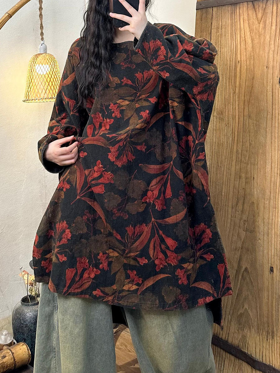 Women Retro Autumn Flower O-Neck Cotton Long Blouse AV1066 Genistyle Shop