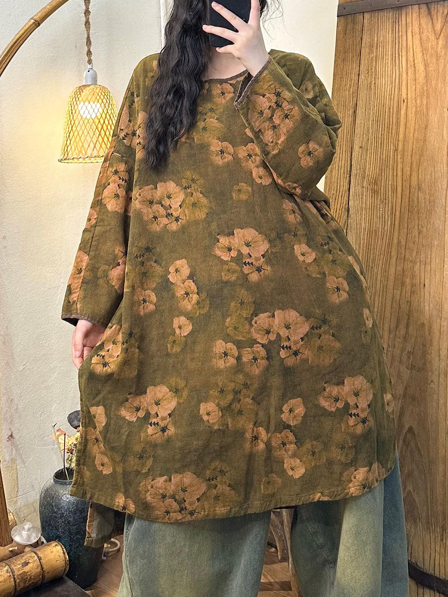 Women Retro Autumn Flower O-Neck Cotton Long Blouse AV1066 Genistyle Shop
