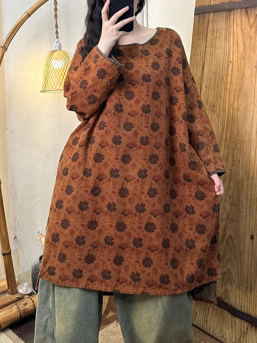 Women Retro Autumn Flower O-Neck Cotton Long Blouse AV1066 Genistyle Shop