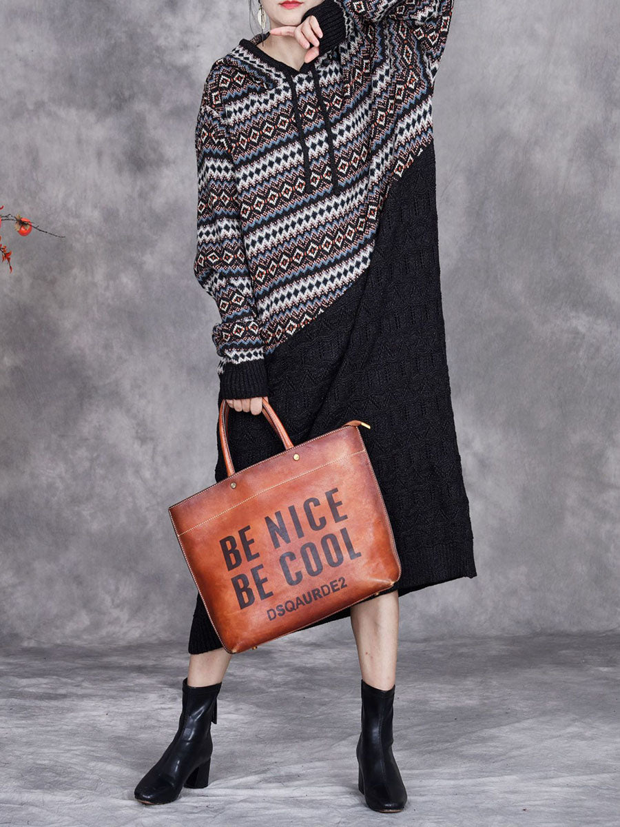 Women Autumn Artsy Spliced Knitted Hooded Dress BA1003 Genistyle Shop