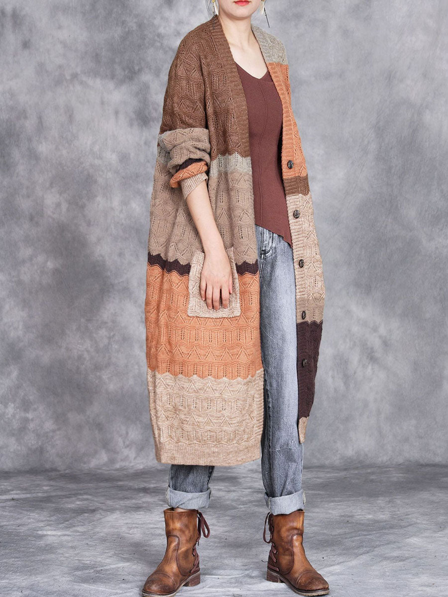 Women Autumn Artsy Colorblock Knitted V-Neck Cardigan Coat WG030 BK