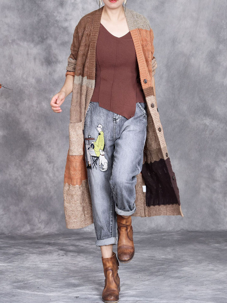 Women Autumn Artsy Colorblock Knitted V-Neck Cardigan Coat WG030 BK