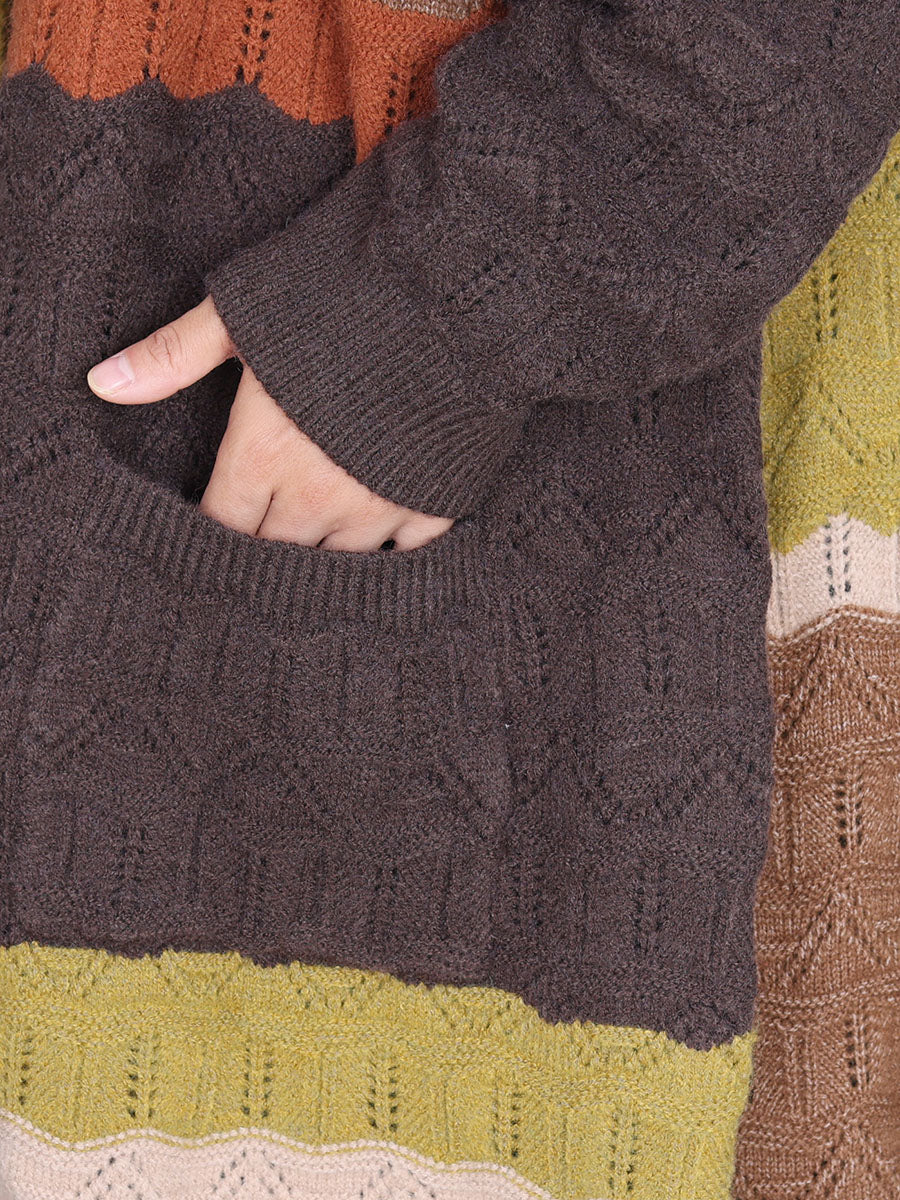Women Autumn Artsy Colorblock Knitted V-Neck Cardigan Coat WG030 BK