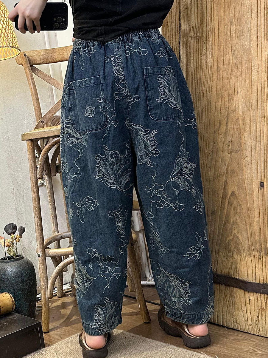 Women Autumn Retro Flower Cotton Straight Pants BA1006 Genistyle Shop