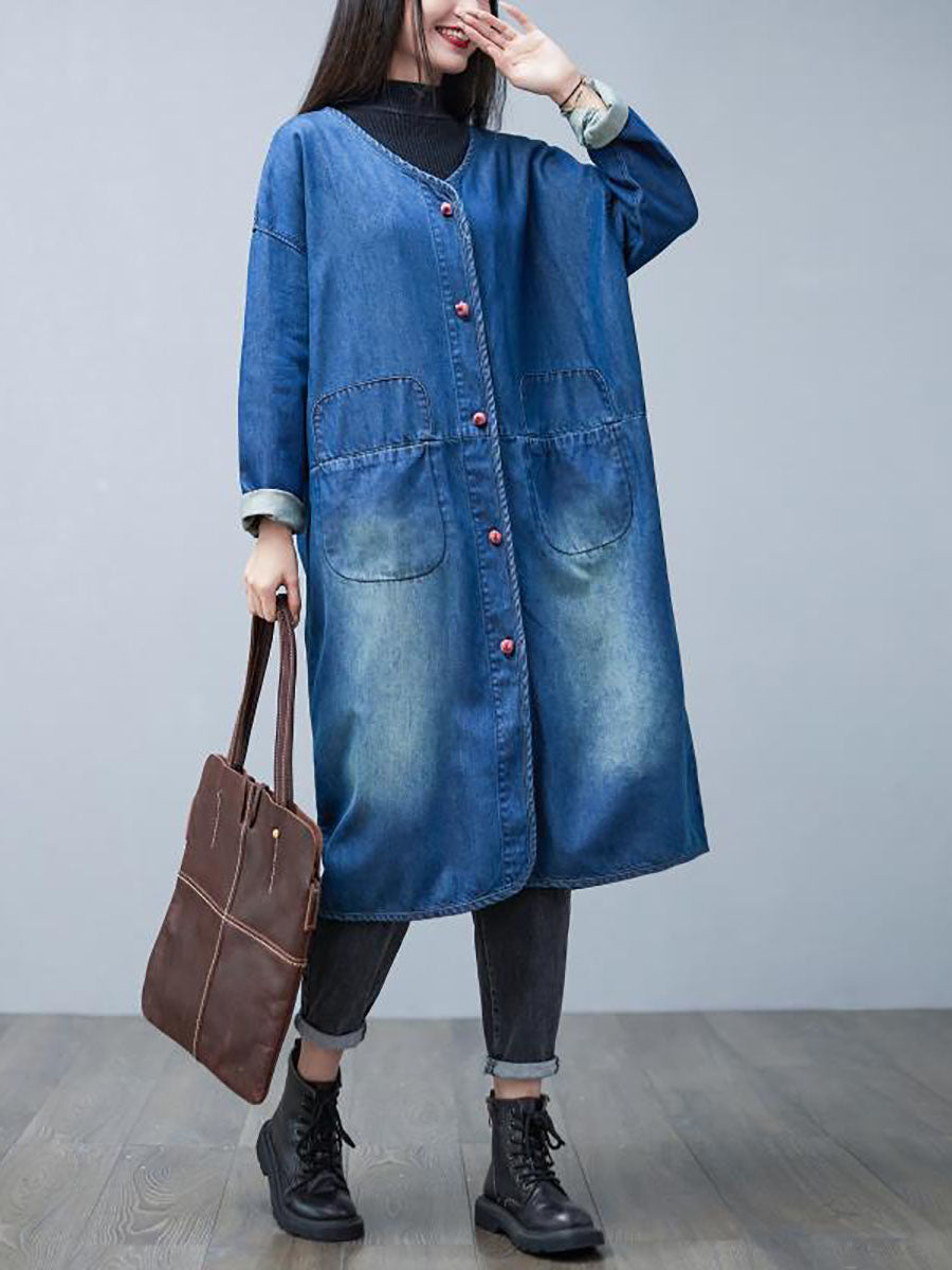 Women Casual Autumn Washed V-Neck Denim Long Coat BA1015 Genistyle Shop