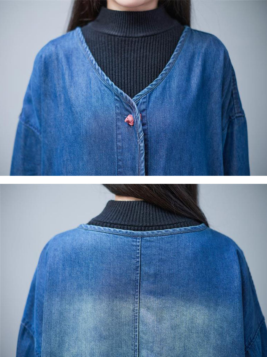 Women Casual Autumn Washed V-Neck Denim Long Coat BA1015 Genistyle Shop