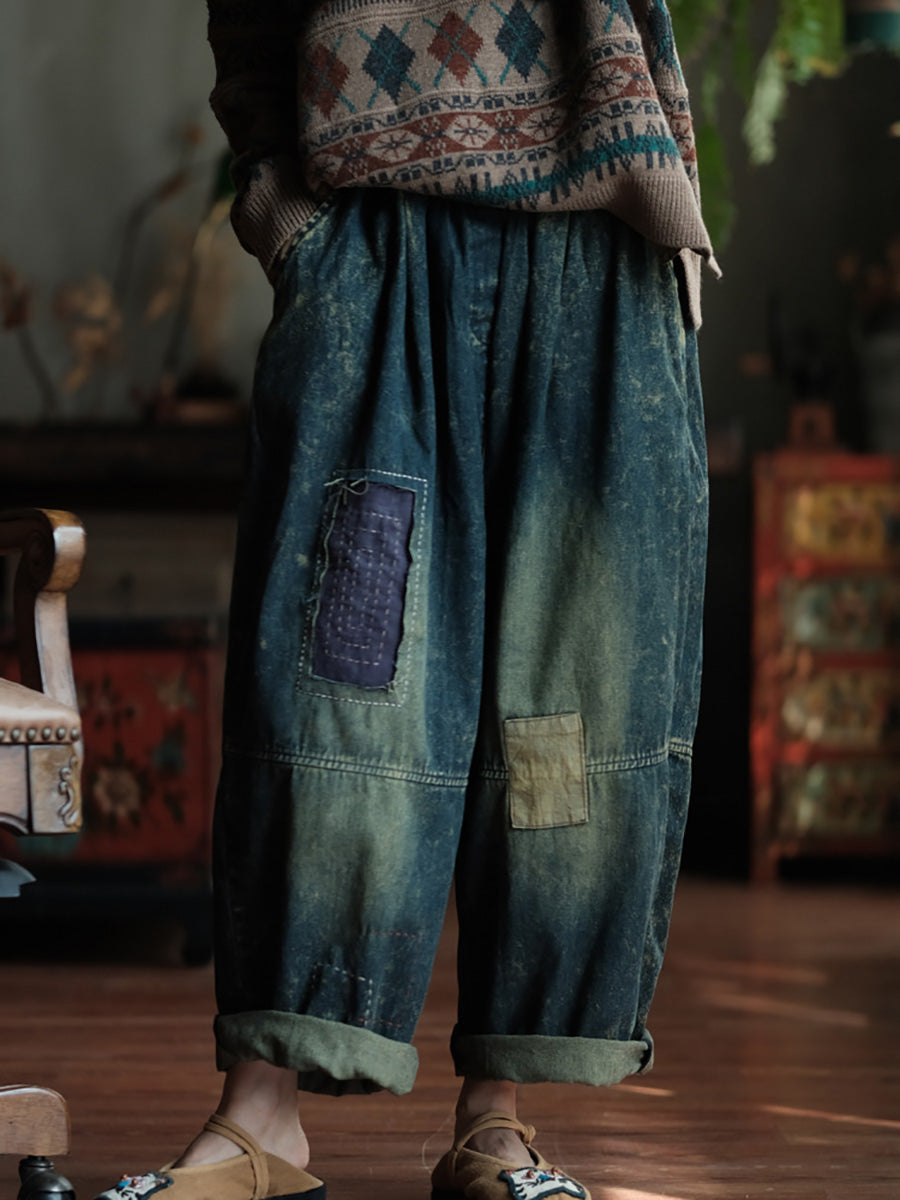 Women Autumn Retro Patch Spliced Denim Wide-leg Pants WG028 BK