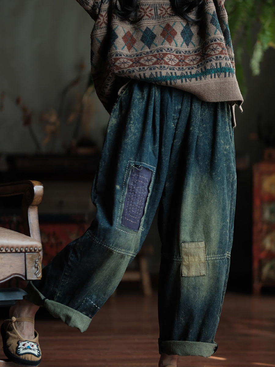 Women Autumn Retro Patch Spliced Denim Wide-leg Pants WG028 BK