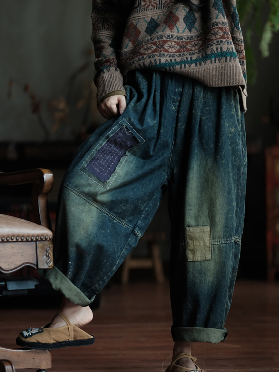 Women Autumn Retro Patch Spliced Denim Wide-leg Pants WG028 BK