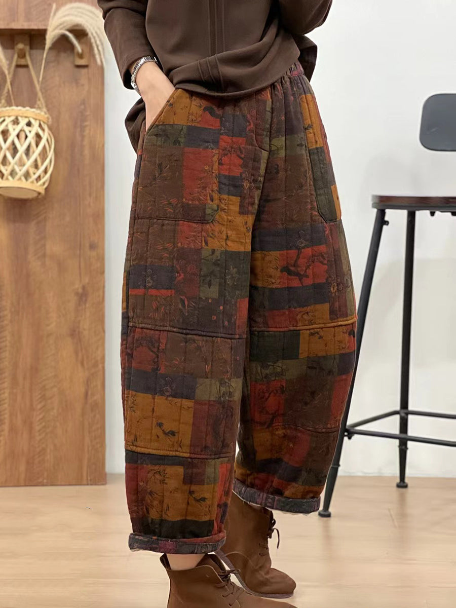 Women Autumn Retro Cotton Plaid Patch Straight Pants BA1061 Genistyle Shop