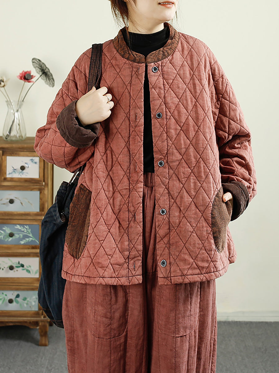 Women Retro Autumn Colorblock Buckle Cotton Stand Collar Coat BA1071 Genistyle Shop