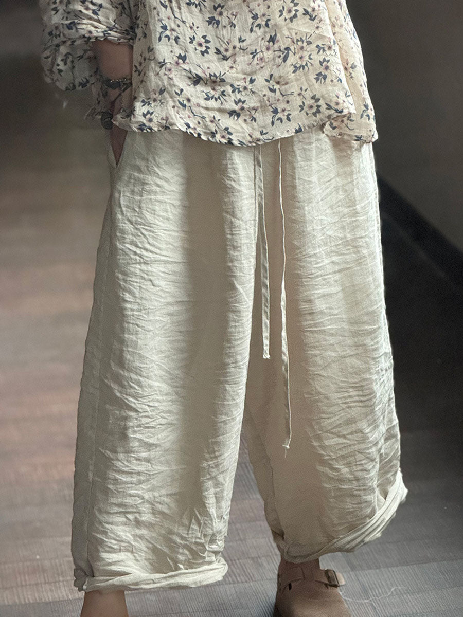 Women Vintage Autumn Solid Loose Ramie Wide-leg Pants BA1073 Genistyle Shop