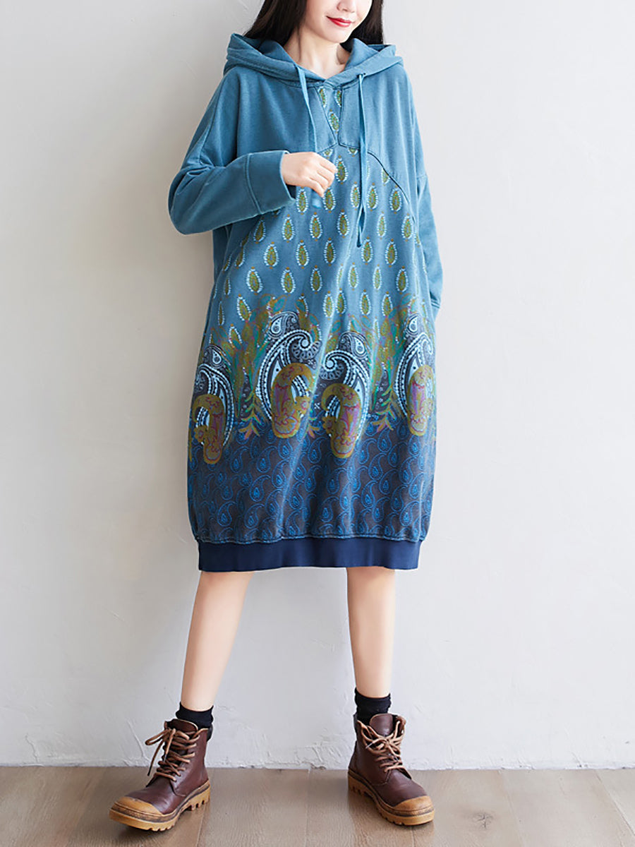 Women Ethnic Autumn Print Hooded Cotton Dress QU023 BK