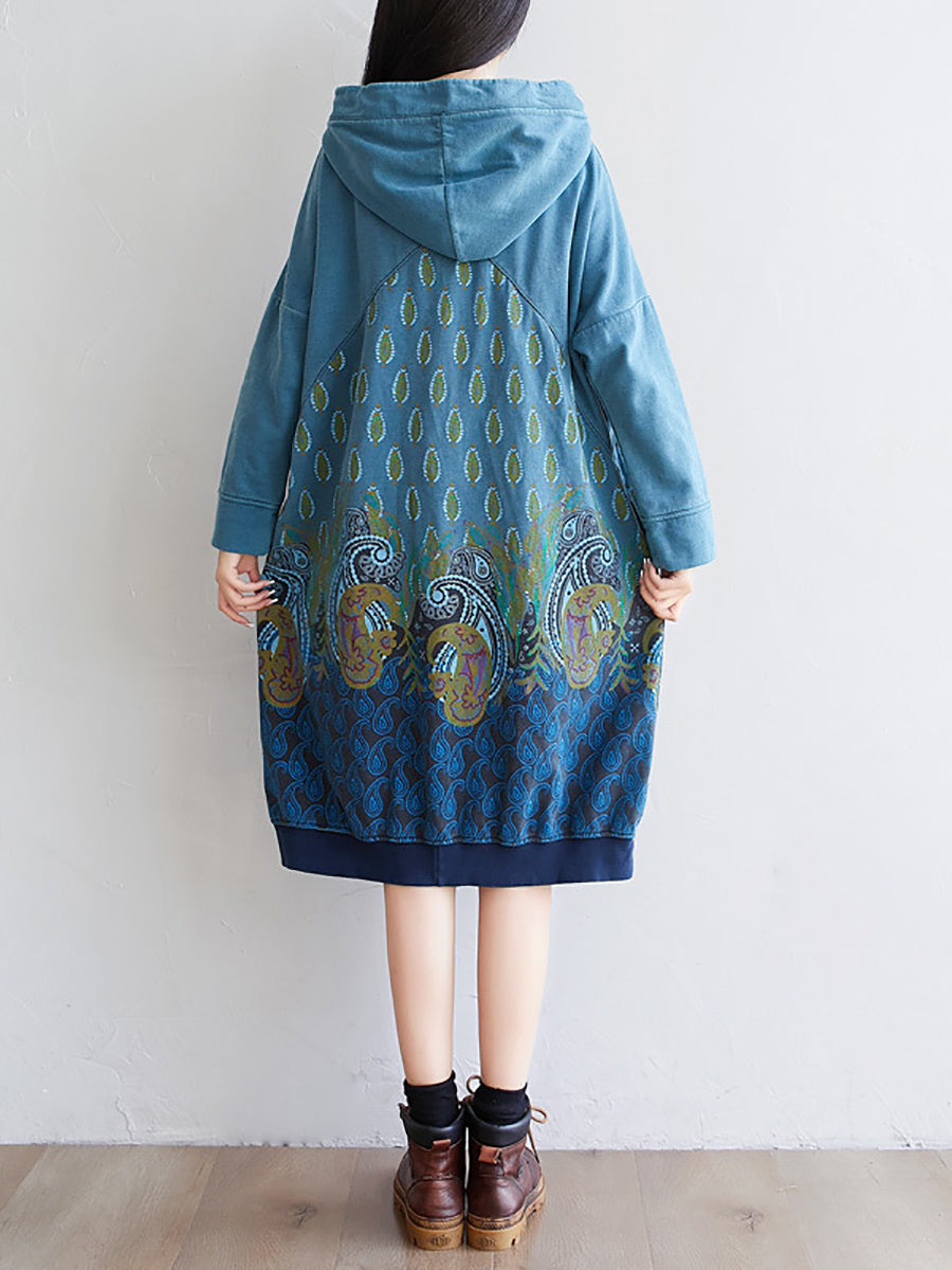 Women Ethnic Autumn Print Hooded Cotton Dress QU023 BK