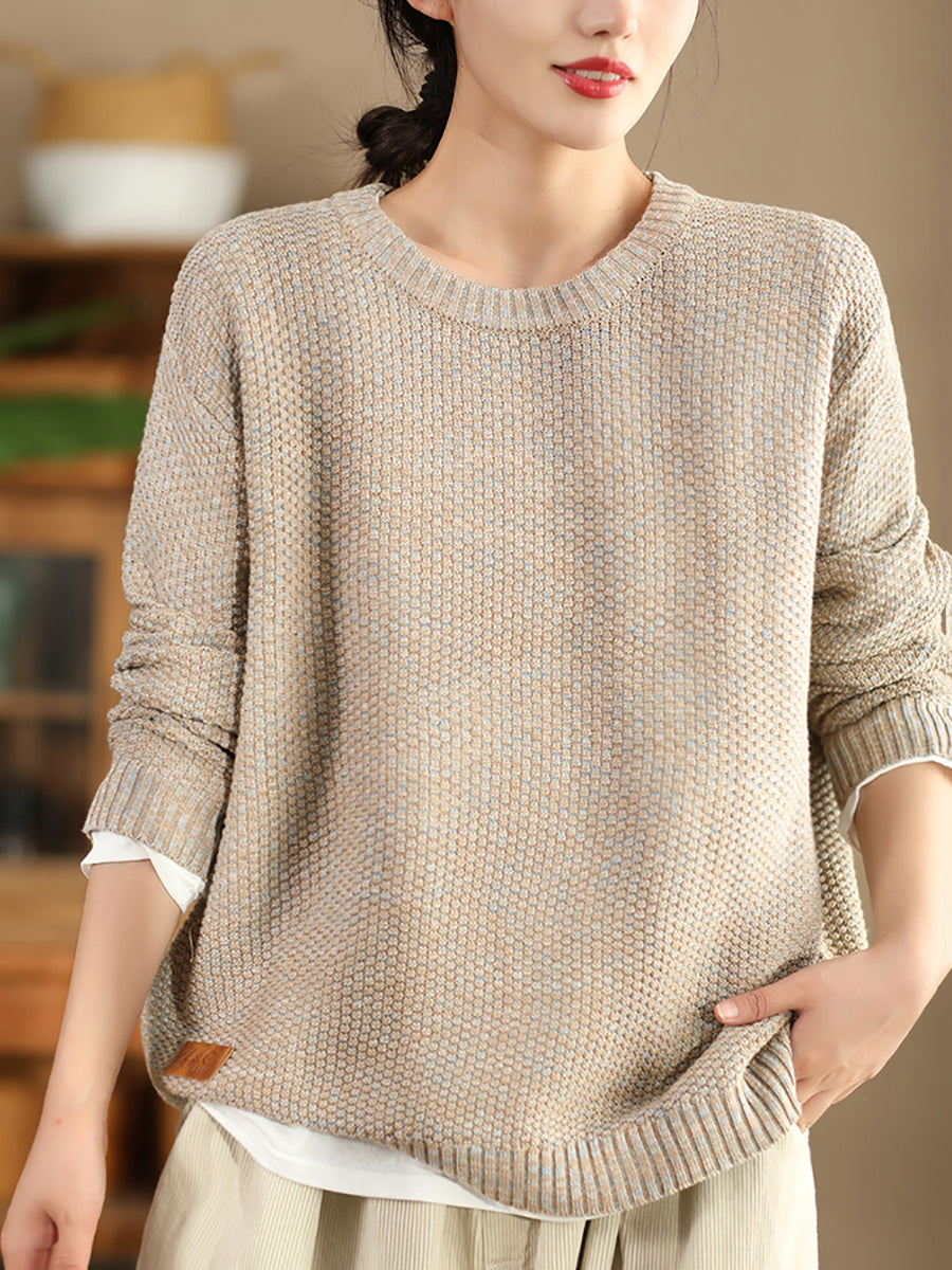 Women Vintage Autumn Solid O-Neck Loose Knit Sweater WG004 BK