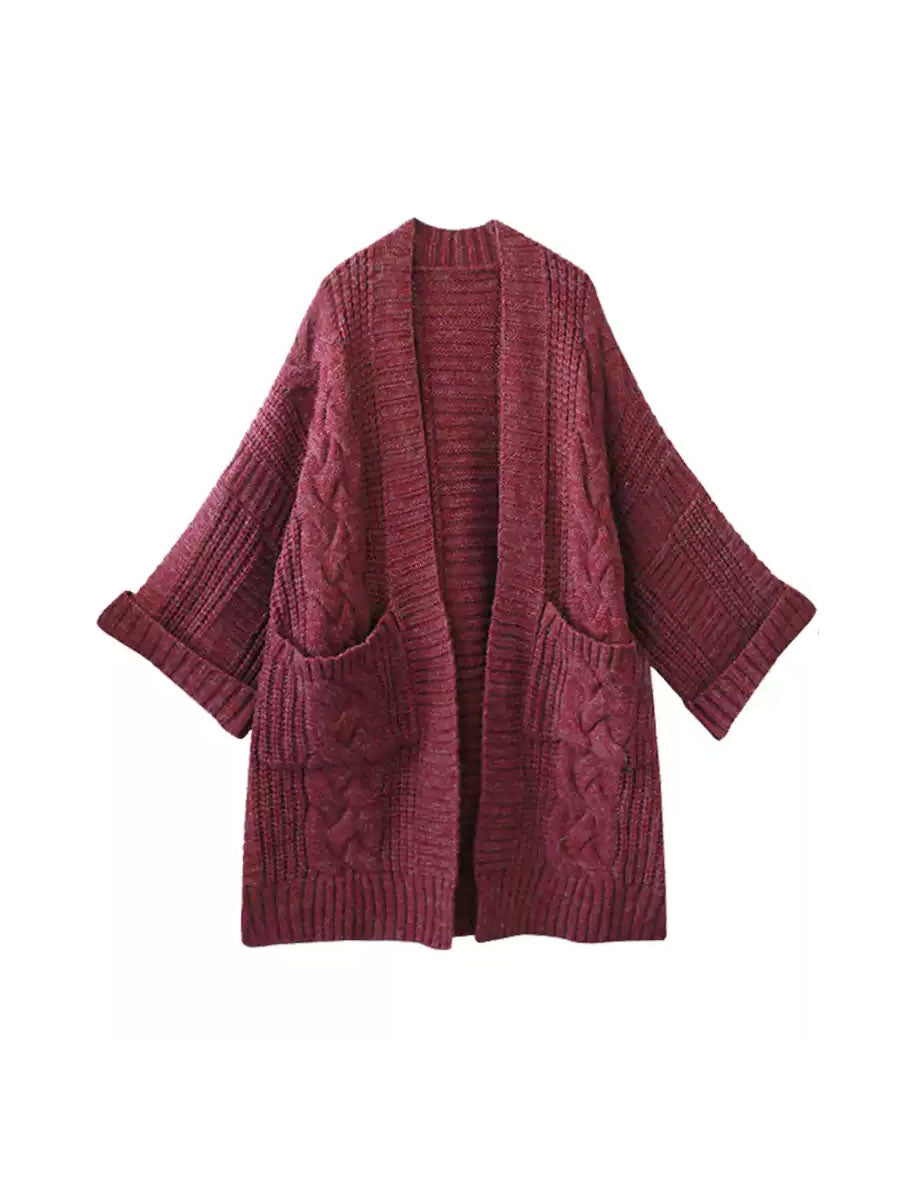 Women Autumn Artsy Solid V-neck Cable Knit Coat QM007 BK