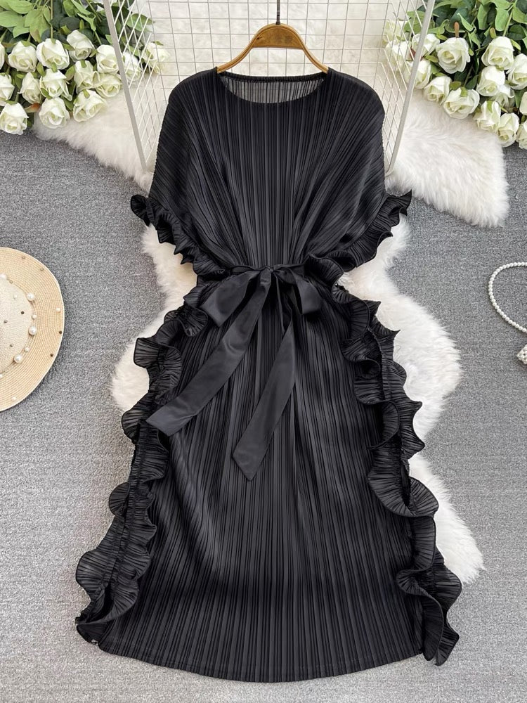 Elegant Apricot Round Neck Pleated Batwing Sleeve Lace-up Dress NN012 Genistyle Shop
